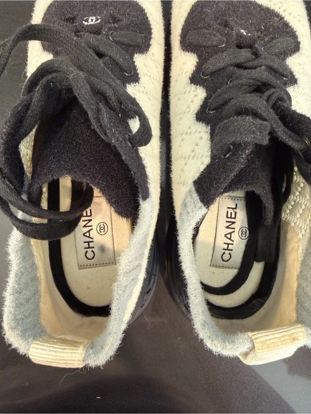 Chanel Women’s Knit Sneakers in Cream and Black